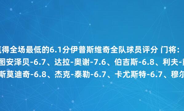 赢得全场最低的6.1分伊普斯维奇全队球员评分 门将：A-穆里奇-6.9 后卫：图安泽贝-6.7、达拉-奥谢-7.6、伯吉斯-6.8、利夫-戴维斯-6.5 中场：斯莫迪奇-6.8、杰克-泰勒-6.7、卡尤斯特-6.7、穆尔西-7.2 先锋：杰克-克拉克-6.9、奥马里-哈钦森-7.5、德拉普-6.1、阿里-哈马迪-6.5、查普林-6.3、韦斯-伯恩斯-6.7曼联全队球员评分 门将：奥纳纳-7.2 后卫：埃文斯-6.6、卢克-肖-6.8、达洛特-7.2、德利赫特-6.9、马兹拉维-7.2 中场：乌加特-6.8、卡塞米罗-6.6、埃里克森-6.7、布鲁诺-费尔南德斯-7.7、芒特-6.4 先锋：加纳乔-6.4、阿马德-迪亚洛-7.5、王人尔克泽-6.5、拉什福德-7.2、拉斯穆斯-霍伊伦-6.6体育最新信息